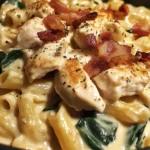 Creamy Chicken, Bacon & Spinach Pasta in Cheesy Garlic Sauce