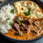Creamy Coconut Curry Beef with Rice and Garlic Naan