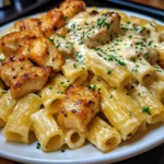 Cheddar Garlic Chicken Rigatoni in Parmesan Sauce