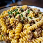 Cheesy Rotini with Garlic Butter Sauce and Ground Beef
