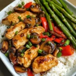 Garlic Chicken & Mushroom Stir-Fry with Asparagus & Rice
