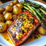 Grilled Salmon with Garlic Potatoes & Cheesy Asparagus