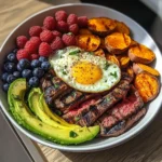 Steak & Sunny Eggs Power Plate with Sweet Potato, Avocado & Berries