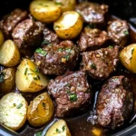 crockpot garlic butter beef bites with potatoes