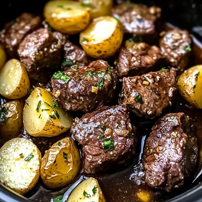 crockpot garlic butter beef bites with potatoes