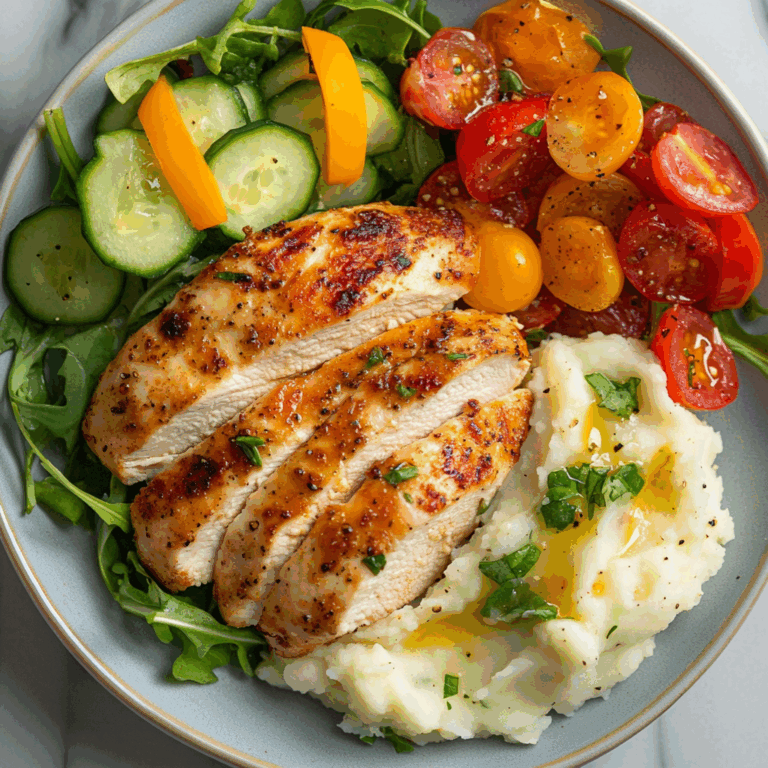 Golden Pan-Seared Chicken Breast with Creamy Mashed Potatoes & Fresh Garden Salad