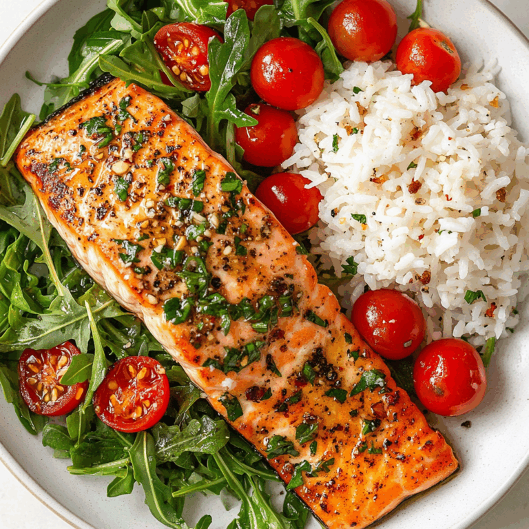 Seared Salmon with Rice & Arugula Tomato Salad