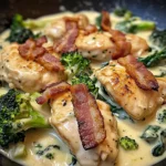 Creamy Garlic Butter Chicken Alfredo with Crispy Bacon, Spinach & Broccoli