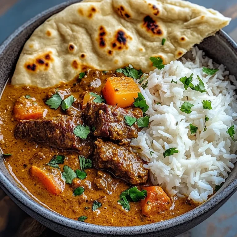 Slow-Cooked Beef in Creamy Coconut Curry with Rice and Garlic Naan