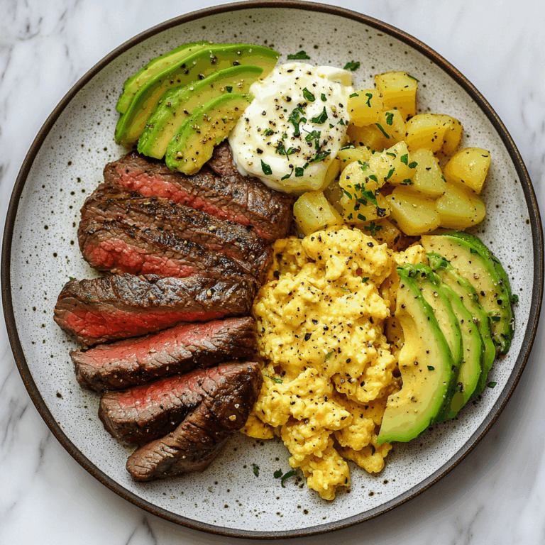 Steak, Cheesy Scrambled Eggs & Herb Potatoes