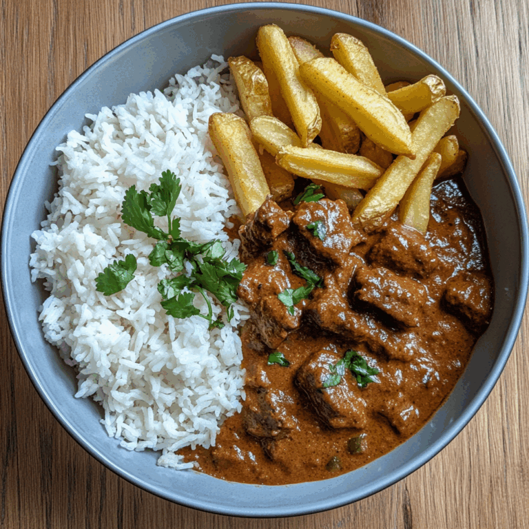 Coconut-Infused Beef Curry with Fries and Rice